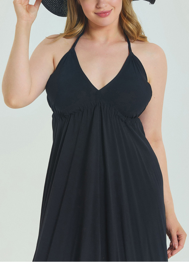 V Neck Backless Halter Neck Black Plus Size Dress 4663